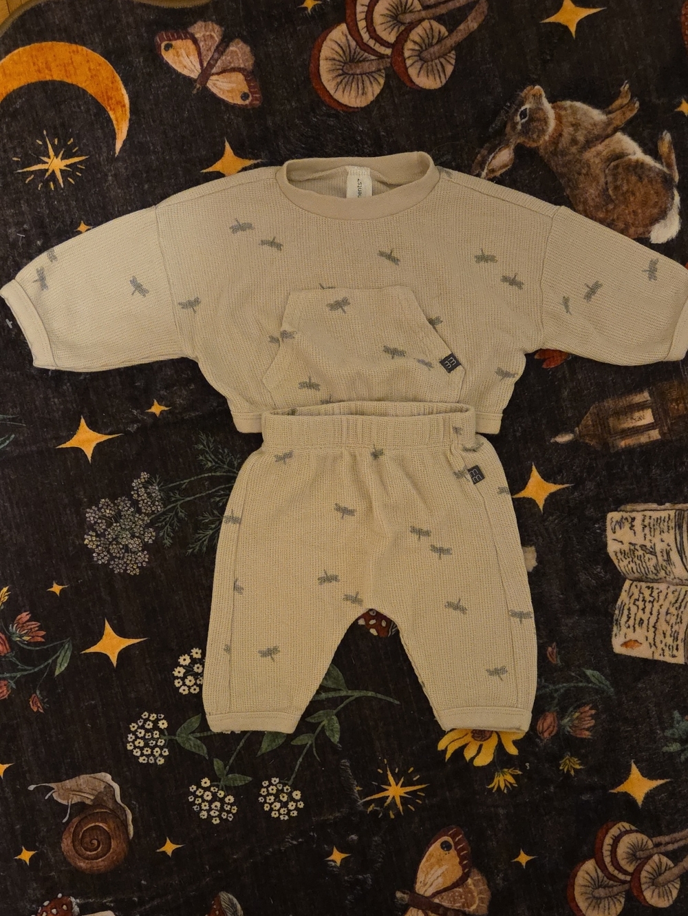 Gerber Beige Waffle Knit Matching Set with Gray Dragonfly Print